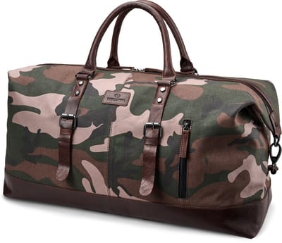 Camouflage sporttas van canvas en buffelleer met bladpatroon