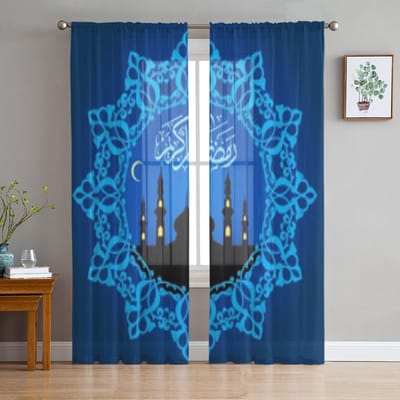 Ramdan Blauwe Tule Transparante Raamgordijnen Voor Woonkamer De Slaapkamer Moderne Chiffon Voile Organza Gordijnen Decor Gordijnen 135W x 114H(cm) blue