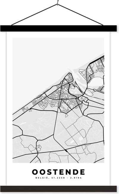 Posterhanger incl. Poster 40x60 cm - Schoolplaat - België – Oostende – Stadskaart – Kaart – Zwart Wit – Plattegrond - Textielposter - Zwarte latten - Stadskaart