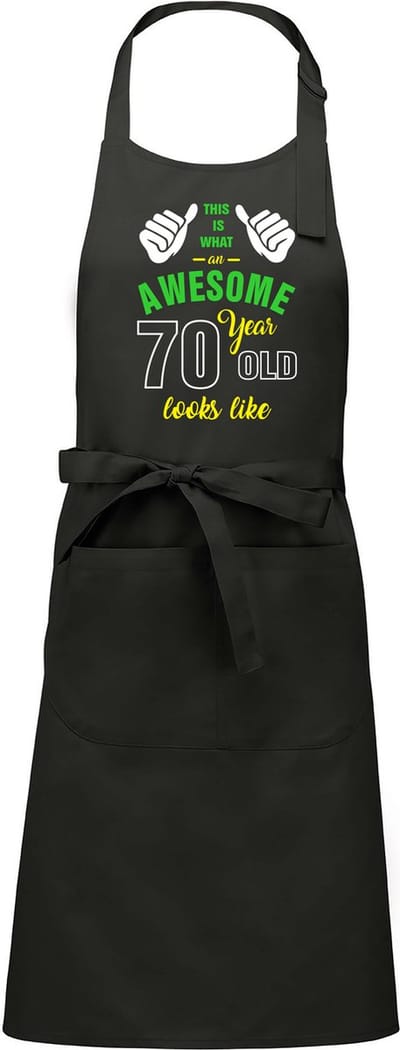 Leeftijd cadeau - Luxe keukenschort - BBQ schort - verjaardag - Awesome 70 jaar - chique grijs