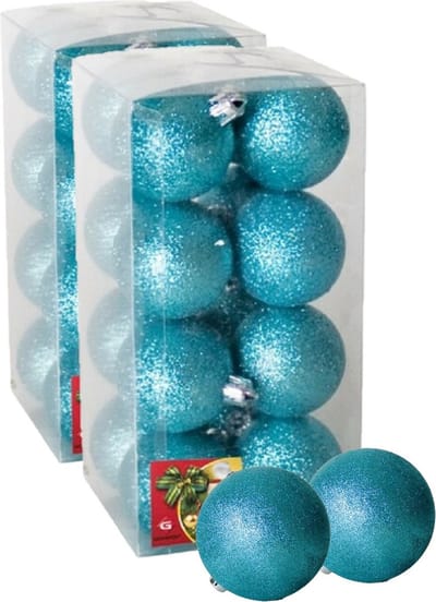 Gerimport Kerstballen - 32x - ijsblauw - glitters - D5 cm - kunststof - kerstversiering - onbreekbare kerstballen