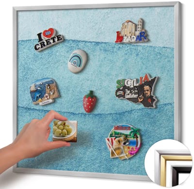 Wallfluent - Blauw Magneetbord met Patronen - 50 cm x 50 cm - Magneetbord met Zilveren Frame - Aquarelblauwe golven - Magnetisch Bord voor aan de Wand - Magnetisch Bord Decoratief - Magneetbord met Effen Frame