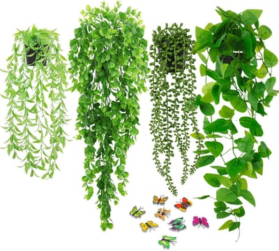 Dailygoods - Kunstmatige hangplant, set van 4 nepplanten met potten, hangende kunstplanten binnen, nepklimop kunstplant voor binnen en buiten, kamer, kantoor, terras, muurdecoratie (theebladeren)