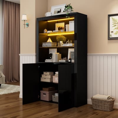 100x35x170 cm kast - vitrinekast met LED-verlichting - hoogglans opbergkast - met glazen planken - hoge kast - woonkamerkast - zwart