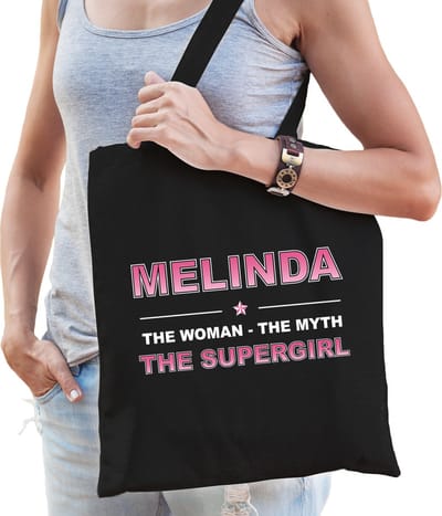 Naam cadeau Tasje voor Melinda - The woman, The myth the supergirl - katoenen - zwart - verjaardag - moederdag - collega - vriendin