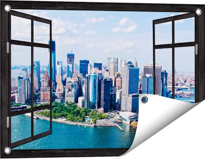 Gards Tuinposter Doorkijk New York Als een Eiland vanuit de Lucht - 60x40 cm - Tuindoek - Tuindecoratie - Wanddecoratie buiten - Tuinschilderij