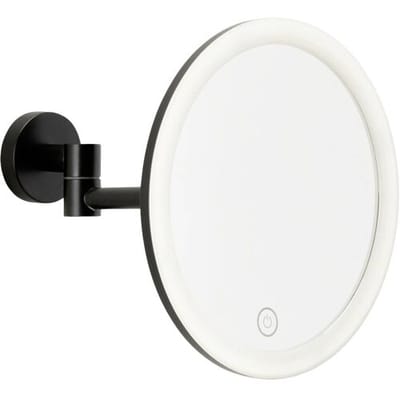 tesa VISIOON LED Make-upspiegel - Draadloze Badkamerspiegel met Dimbare Verlichting - Touchbediening, Ingebouwde Oplaadbare Batterij, 5x Vergroting, Zwenkarm - Montage zonder Boren - 18 cm - Zwart