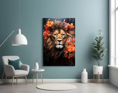 Kunst op Glas Leeuw met Bloemen – 72x46 cm – Stijlvolle Wanddecoratie op Gehard Glas