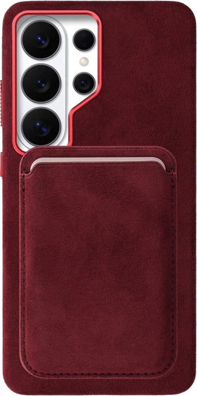 Rosso Avanti Hoesje Geschikt voor Samsung Galaxy S26 Ultra met Magnetische Kaarthouder | Compatibel met MagSafe / Qi2 | Echt Italiaans Alcantara | Back Cover en Wallet | Burgundy