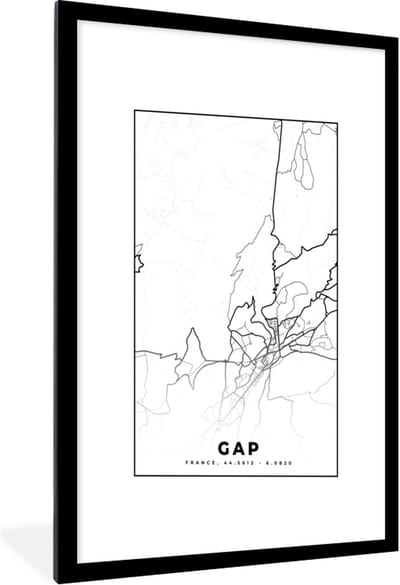 Fotolijst incl. Poster Zwart Wit- Frankrijk – Kaart – Plattegrond – Gap - Stadskaart - Zwart wit - 60x90 cm - Posterlijst