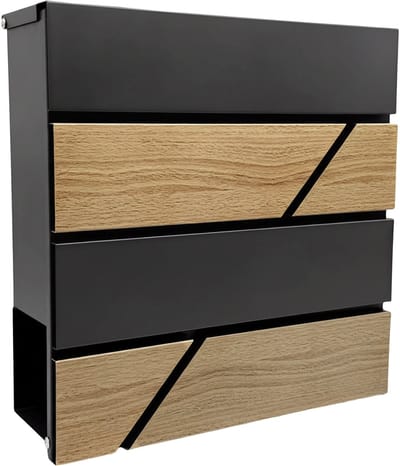 Brievenbus met slot - 37x37x11 cm - houtlook - metaal - antraciet