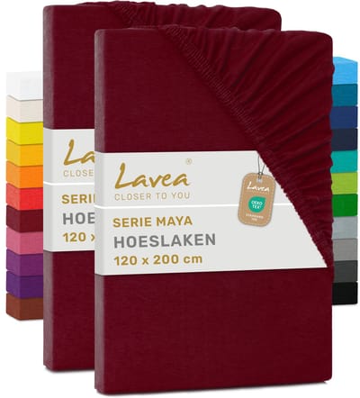Lavea® Set van 2 Hoeslakens 120x200 cm – 100% Zacht en Ademend Katoen – voor Dikke Matrassen tot 20 cm – Jersey met Elastiek rondom – Bordeaux