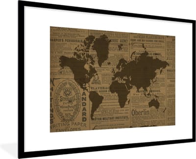 Poster in lijst - Fotolijst 120x80 cm - Posters - Wereldkaart - Bruin - Krant - Posterlijst zwart - Decoratie - Wanddecoratie woonkamer - Muurdecoratie slaapkamer