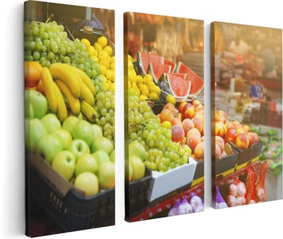 Artaza Canvas Schilderij Drieluik Vers Fruit Op De Markt - 120x80 - Foto Op Canvas - Canvas Print