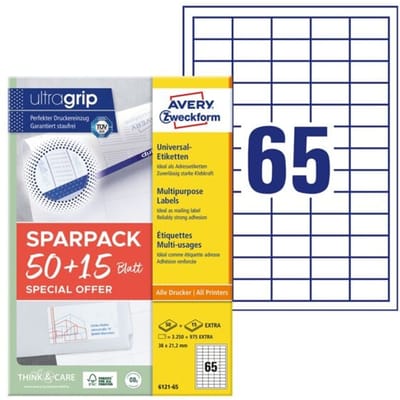 Avery-Zweckform 6121-65 Universele etiketten 38 x 21.2 mm Papier Wit 65 vellen Permanent hechtend Inkjet, Laser (zwart/wit), Laser (kleur), Kopiëren