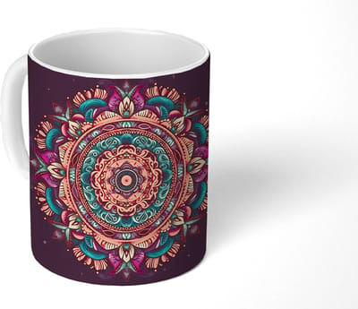 Mok - Koffiemok - Mandala - Bloemen - Hippie - Boho - Oranje - Mokken - 350 ML - Beker - Koffiemokken - Theemok