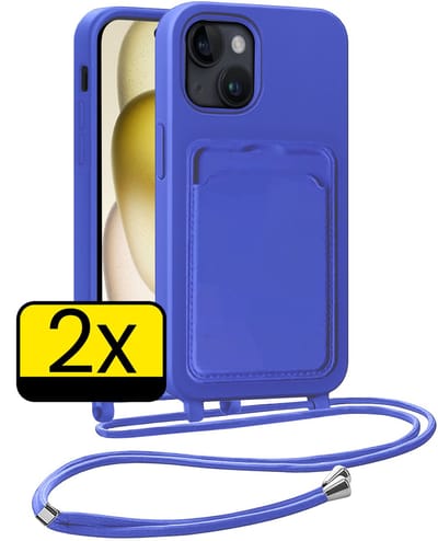 Hoesje Geschikt voor iPhone 15 Plus Telefoonhoesje Met Koord Case Pashouder Siliconen - Hoes Geschikt voor iPhone 15 Plus Hoesje Met Kaarthouder - Felblauw - 2 Stuks