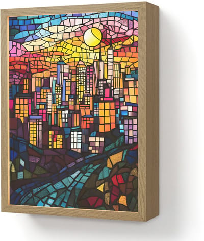 Wandlamp 30x40 cm - Oplaadbaar - Stad - Maan - Mozaïek - Kleurrijk - Wandlampen binnen woonkamer - Slaapkamer lamp - Decoratieve nachtlamp - Vloerlamp draadloos