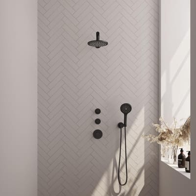 Brauer Black Carving Thermostatische Regendoucheset Inbouw - Hoofddouche 20 cm - Rechte Wandarm - Handdouche 3 Standen - Doucheslang - Wandaansluitbocht - Mat Zwart