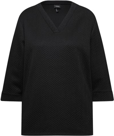 Ulla Popken - Dames - Sweatshirt structuur V-hals 3/4-mouwen - Zwart - Maat 46+