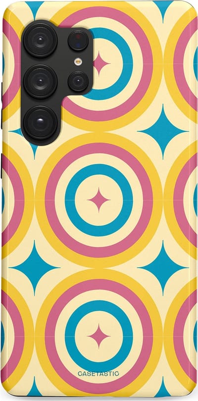 Casetastic hoesje geschikt voor Samsung Galaxy S25 Ultra - Dubbellaagse bescherming - Swinging Retro Boogie Circles - Fashion Case - Crème Goud Lichtblauw Koraal