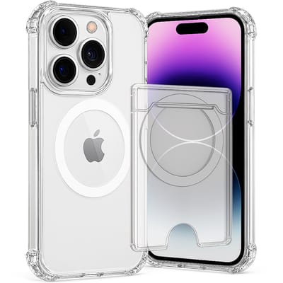 SnapSkin Hoesje & Pasjeshouder geschikt voor iPhone 14 Pro - Geschikt voor MagSafe Case - Magnetische Kaarthouder - Transparant