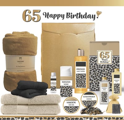 Geschenkset “65 Jaar Happy Birthday!” - 13 producten - 1910 gram | Giftset voor haar - Luxe wellness cadeaubox - Cadeau Vrouw Vijfenzestig jaar - Gefeliciteerd Gift Set Verjaardag - Geschenk Pakket - Cadeaupakket - Verjaardagscadeau Panter Zwart Goud