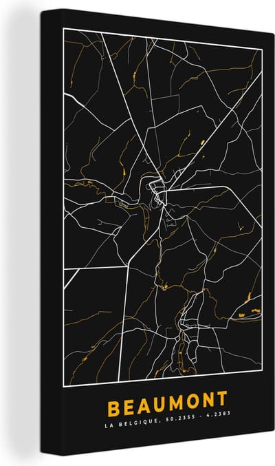 Canvas Schilderij Black & gold - Stadskaart - Beaumont - Plattegrond - Kaart - 20x30 cm - Wanddecoratie