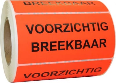 Waarschuwings- etiket 'VOORZICHTIG BREEKBAAR' rood, 98x79mm per rol 500 stickers