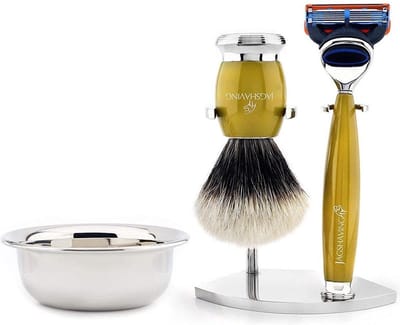 Scheerset voor mannen scheerkwast met zilveren punt, compatibel scheermes met 5 randen, dubbele roestvrijstalen scheerstandaard en geschenkset met kom (scheerset voor mannen)