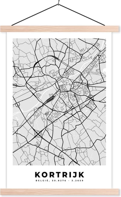 Posterhanger incl. Poster 40x60 cm - Schoolplaat - België – Kortrijk – Stadskaart – Kaart – Zwart Wit – Plattegrond - Textielposter - Blanke latten - Stadskaart