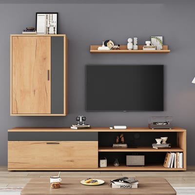 Pugsdrly TV-wandmeubel 140*35*39 cm (complete set, 3 delen), multimediameubel met tv-meubel, staande plank en wandplank, tv-meubelset voor de woonkamer, modern tv-meubel, staand en hangend, kleur hout + zwart