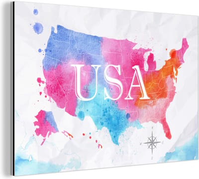 Aluminium schilderij 120x80 cm - Wanddecoratie metaal - Amerika - Wereldkaart - Waterverf - Metalen muurdecoratie woonkamer - Decoratie industrieel - Foto op dibond - Industriële accessoires slaapkamer