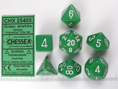 Chessex Opaak Groen wit Polydice Dobbelsteenset 7 stuks.