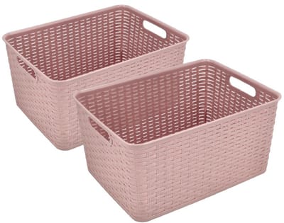 Opbergmand 18L Kunststof Roze – Set van 2 Opbergbox Rattan – Opbergmand Kinderkamer en Opbergmand Badkamer – Keukenkast en Kledingkast Organizer – Opbergdoos 38x28x19 cm
