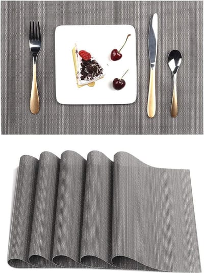 Placemats Set van 6, Vinyl Placemats Geweven Wasbaar Hittebestendige Antislip Geschikt voor Keuken Familie Restaurant Koffiebar (Donkergrijs)
