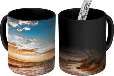 Magische Mok - Foto op Warmte Mokken - Koffiemok - Strand - Zonsondergang - Zee - Palmboom - Magic Mok - Beker - 350 ML - Theemok