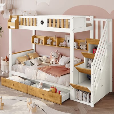 MEUNIQ Stapelbed 90x200 cm met opbergtrap, 4 opbergvakken, 2 lades, open rek en uitvalbeveiliging voor kinderkamer, wit en naturel