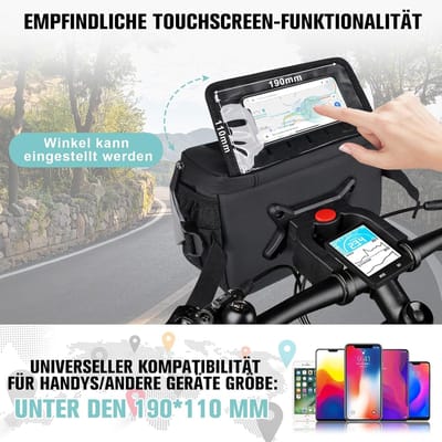Fiets stuur tas 4.7 L met snelle bevestiging, stabiele drager, waterdichte telefoon pocket en bekerhouder voor stads- en trekkingtochten