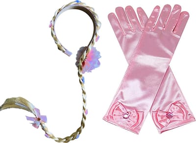 Haarband met blonde vlecht met roze bloem - lange roze prinsessen handschoenen - voor bij je Elsa prinsessenjurk
