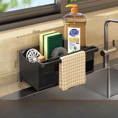 Support d'évier de cuisine avec plateau auto-drainant, organisateur de chiffon, éponge, salle de bains, support de nettoyant pour le visage, cosmétique, étagère de rangement domestique noir