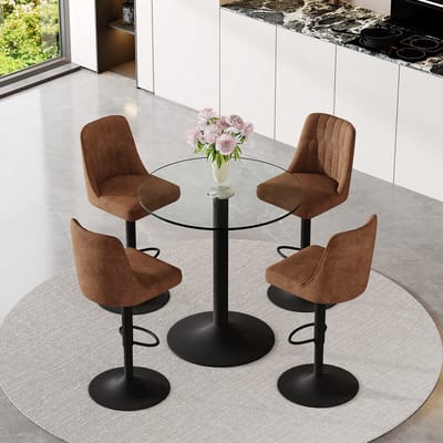 FloraGrace Ronde Glastafel Set Met 4 Draaiende Barstoelen - Voor Huisbar, Keuken Of Café - Glas, Metaal En Technologie-Stof - Bruin En Zwart