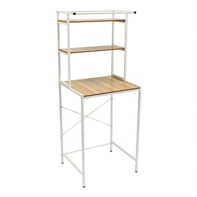 Wasmachine en Droger Opbergrek – Verstelbaar Badkamer Organizer Rek met Verstelbare Voeten – Ruimtebesparend Opslagsysteem 69 x 60 x 176,5 cm – Wit & Houtkleur