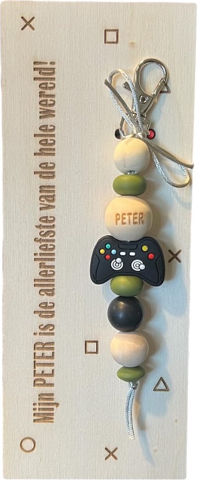 Sleutelhanger en houten kaartje liefste Peter | GAME CONTROLLER | peter | jij bent de liefste | liefste peter | coolste peter | peter vragen | peter worden | cadeau