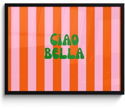 Poster in lijst - Fotolijst 80x60 cm - Posters - Strepen - Oranje - Verticaal - Ciao bella - Posterlijst zwart - Decoratie - Wanddecoratie woonkamer - Muurdecoratie slaapkamer