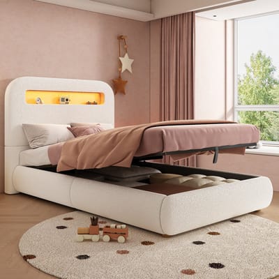 Merax Kinderbed 90x200 Cm - Gestoffeerd Bed Met Opbergruimte - Eenpersoonsbed Met Led Verlichting - Houten Lattenbodem - Wit