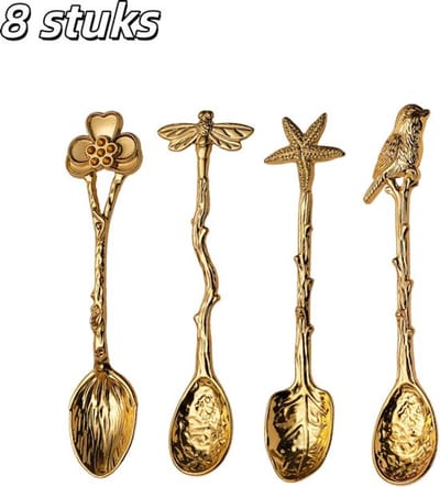 8 stuks - Koffielepels - Lepels - Vintage gravure - Roerlepels - Dessertlepels - Jamlepels - Zinklegering - Geschikt voor koffie en desserts - Goud