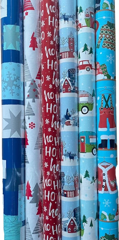 FESTIVE GIFTS Inpakpapier - Cadeaupapier - 200 x 70cm - 6 rollen - Kerst - Luxe Cadeauverpakking - Kleurrijk