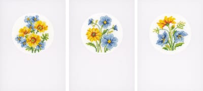 Vervaco - Wenskaart kit - Gele en blauwe bloempjes set van 3 - PN-0155786 - Borduren - Borduurpakket - Borduurpakket volwassenen - Borduurpakket kind