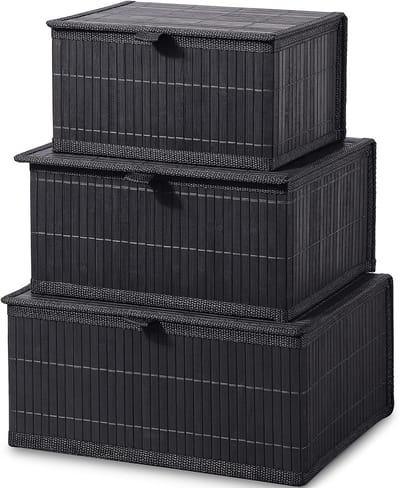 Zwarte Opbergmand met Deksel - Decoratieve Opbergbakken van Bamboe voor het Organiseren, Set van 3 Opbergbox en Geweven Stoffen Voering voor Opbergplanken in Huis, Keuken, Badkamer, Bureau